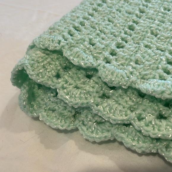 Sage Mint Green Baby Blanket Hand Crochet Edge Detail Shimmer 31x37 - Picture 2 of 6